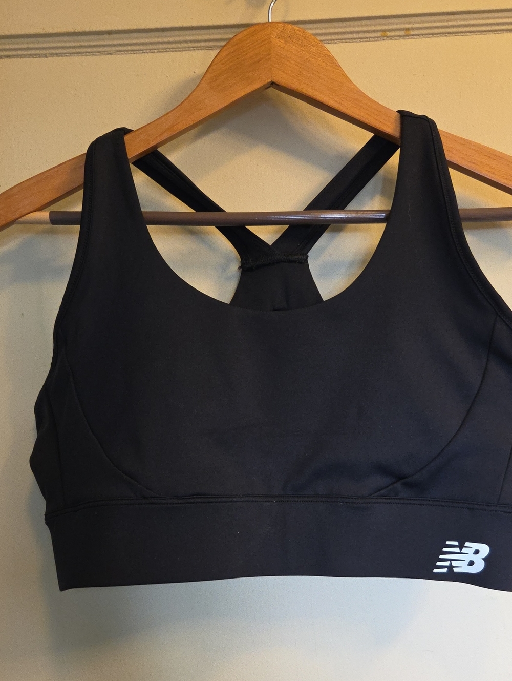 New Balance Black Crossback Sports Bra with White NB Logo